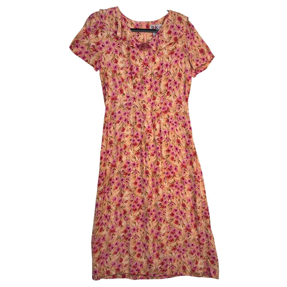 R & K Originals Petite Pink Floral Bloom Rayon Midi Dress Size 8 VTG Cottagecore